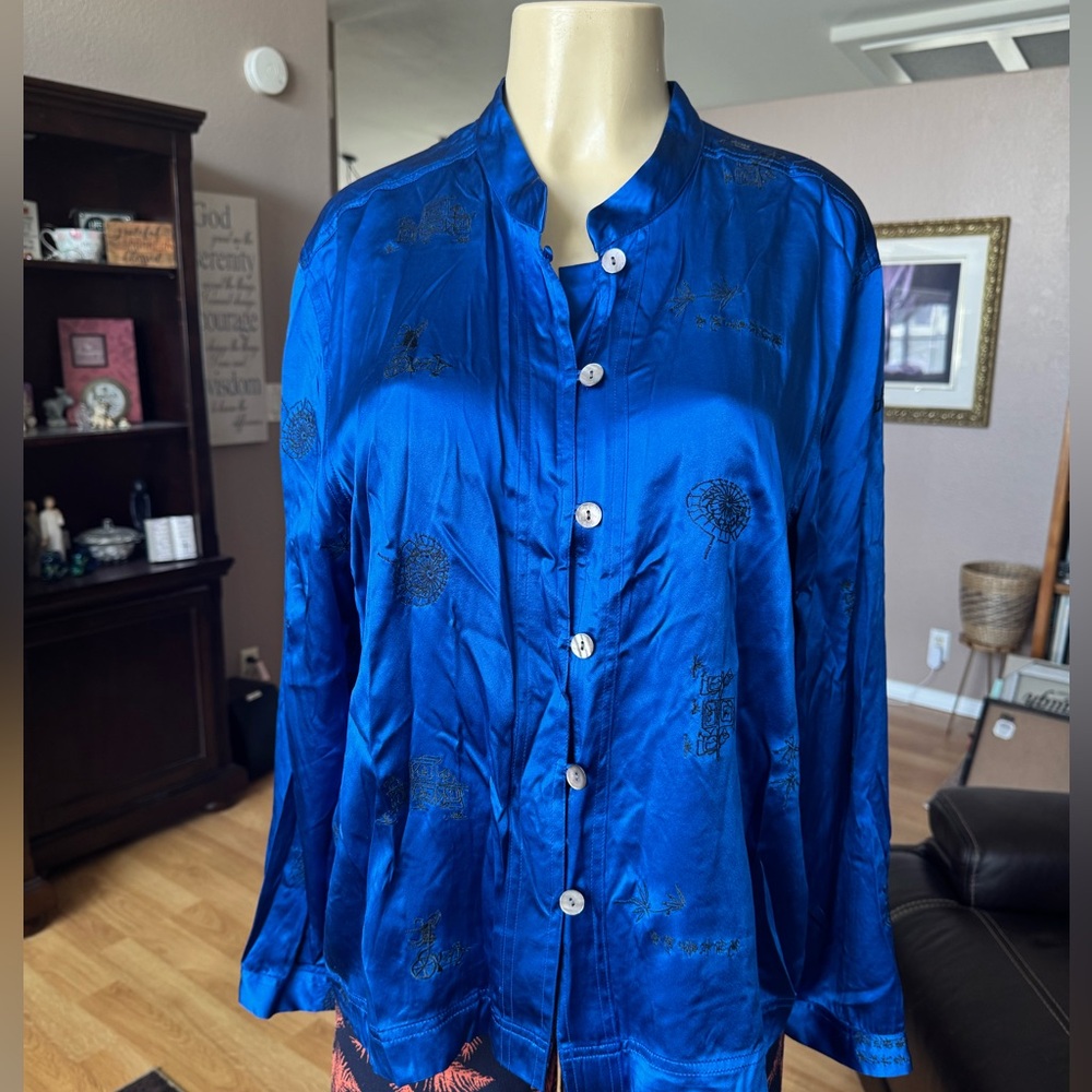 French Laundry royal blue long sleeve higher neckline SILK blouse-size XL